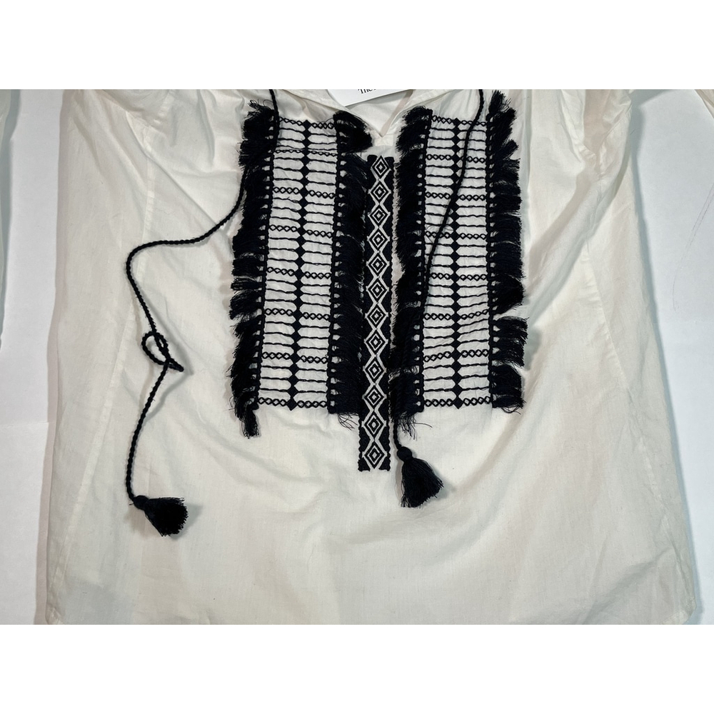 Figue Embroidered Peasant Blouse Womens Medium White Black Boho Tassel Top India - Picture 12 of 13